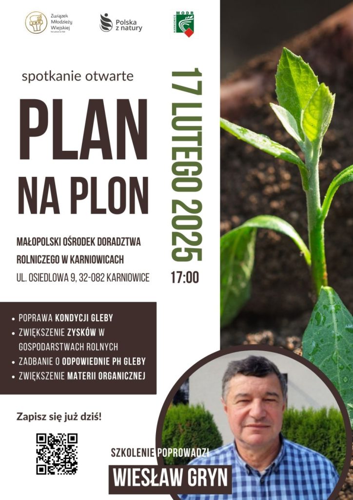 Plakat informacyjny, zielona łodyga z liśćmi, na dole prowadzący w niebieskiej koszuli w kratę.