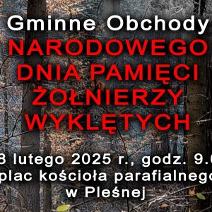 Napis Gminne Obchody Narodowego Dnia Pamięci Żołnierzy Wyklętych wraz z datą wydarzenia. W tle widoczny las.