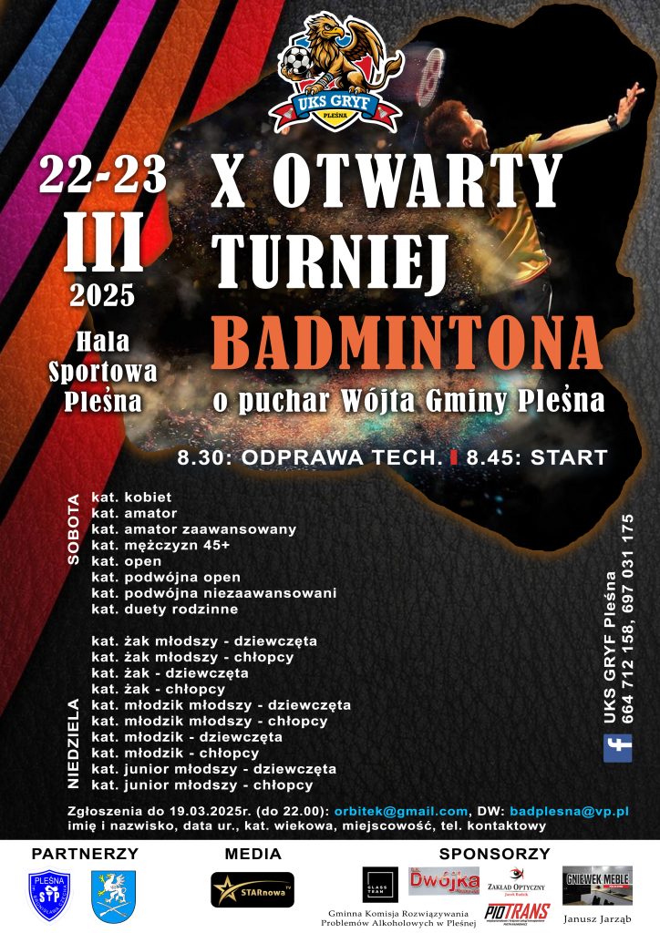 Plakat promujący X Otwarty Turniej Badmintona O Puchar Wójta Gminy Pleśna. Szczegóły w artykule.